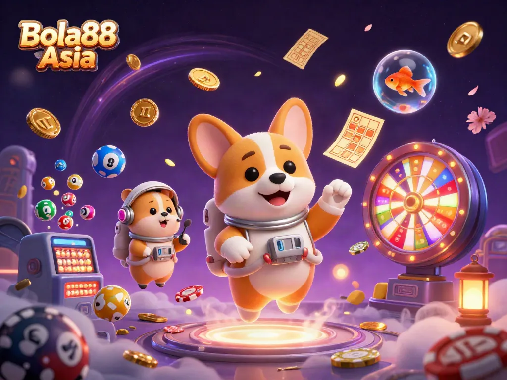 Experience fun and excitement at Bola88 Asia with a playful 3D scene of gaming characters.