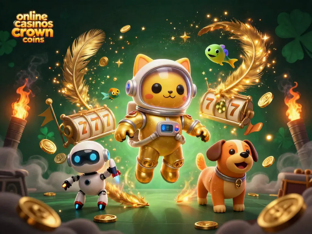 Engage in online casinos like crown coins with a captivating 3D scene featuring an astronaut cat, robot dog, and vibrant gaming elements.
