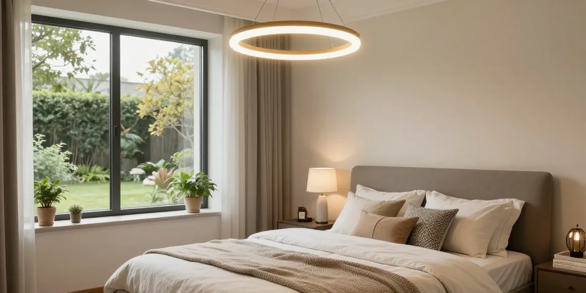 Lustra dormitor modernă iluminând un pat elegant, cu detalii de design și plante decorative.