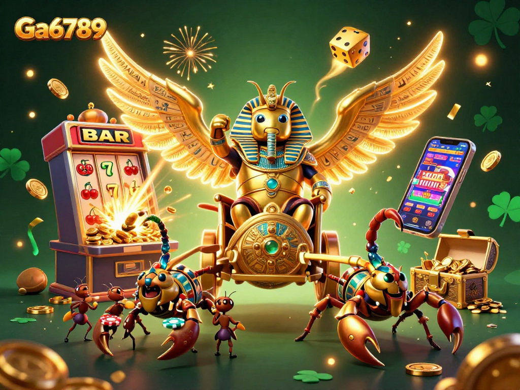 Experience the vibrant excitement of Ga6789 with golden jackpot and casino symbols in a bustling 3D scene.