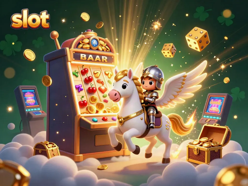 Mainkan slot di DEWATASLOT888 dengan kuda bersayap dan mesin slot jackpot yang penuh cahaya.