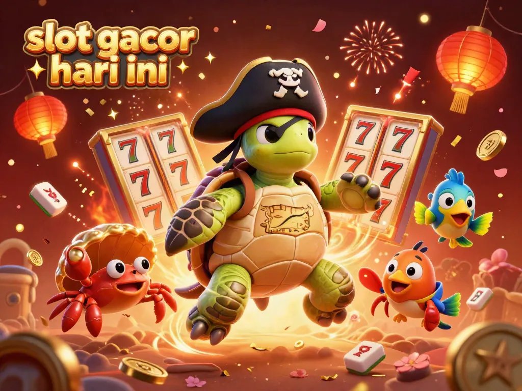 Engage with the vibrant scene of slot gacor hari ini featuring a pirate turtle and treasures in this colorful casino illustration.