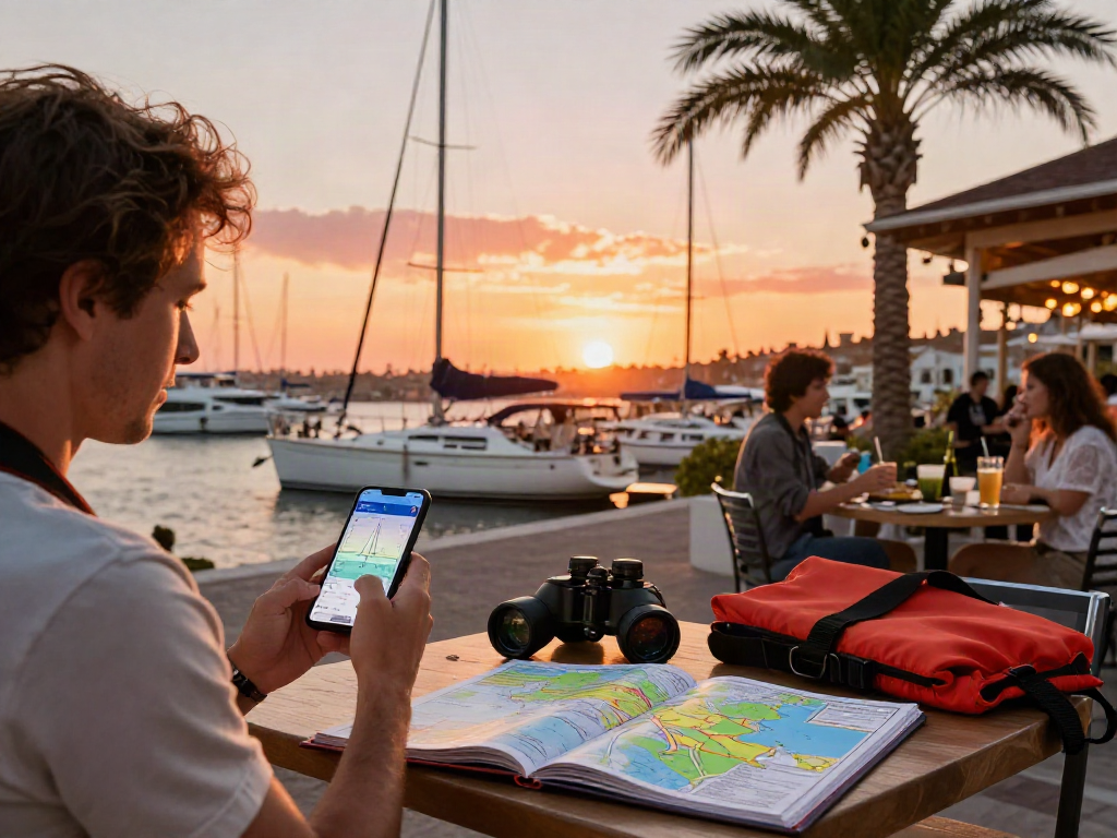Using the qris slot to check sailing weather in a beautiful marina at sunset.