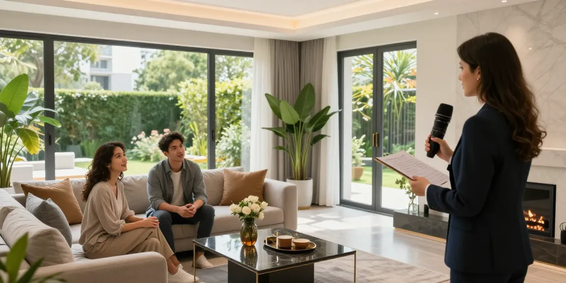 Presentación de propiedades de Woning Unie en una casa moderna con un agente inmobiliario y compradores