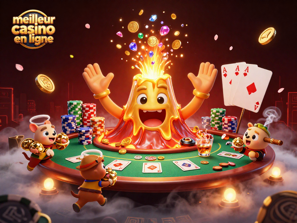 Illustration dynamique d'un casino montrant le meilleur casino en ligne avec des trésors et des jeux de cartes.