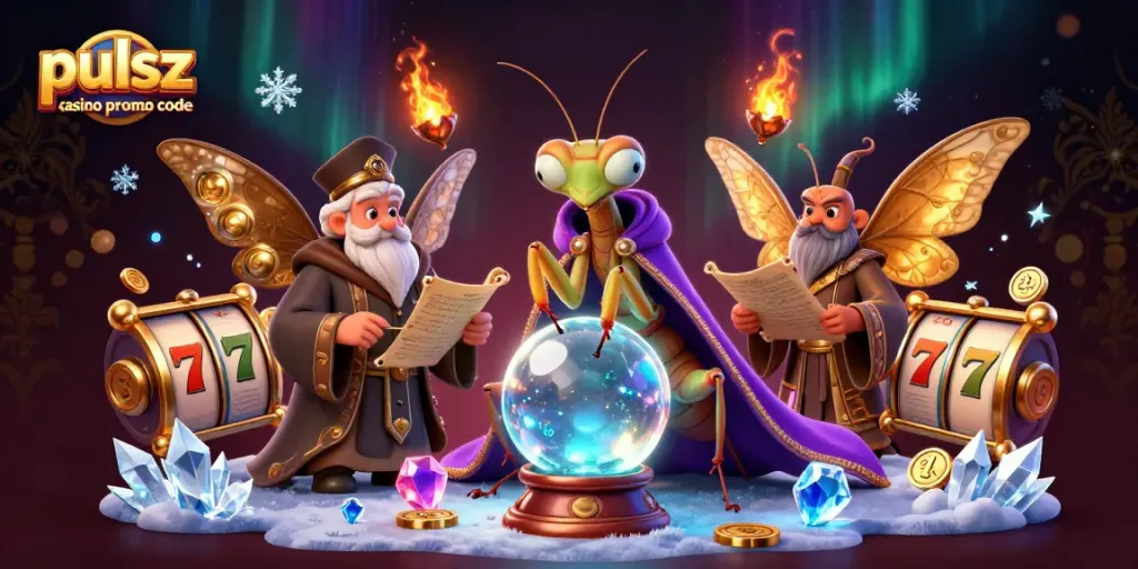 Pulsz casino promo code scene depicting a cartoon praying mantis fortune teller with slot machines and sparkling coins.