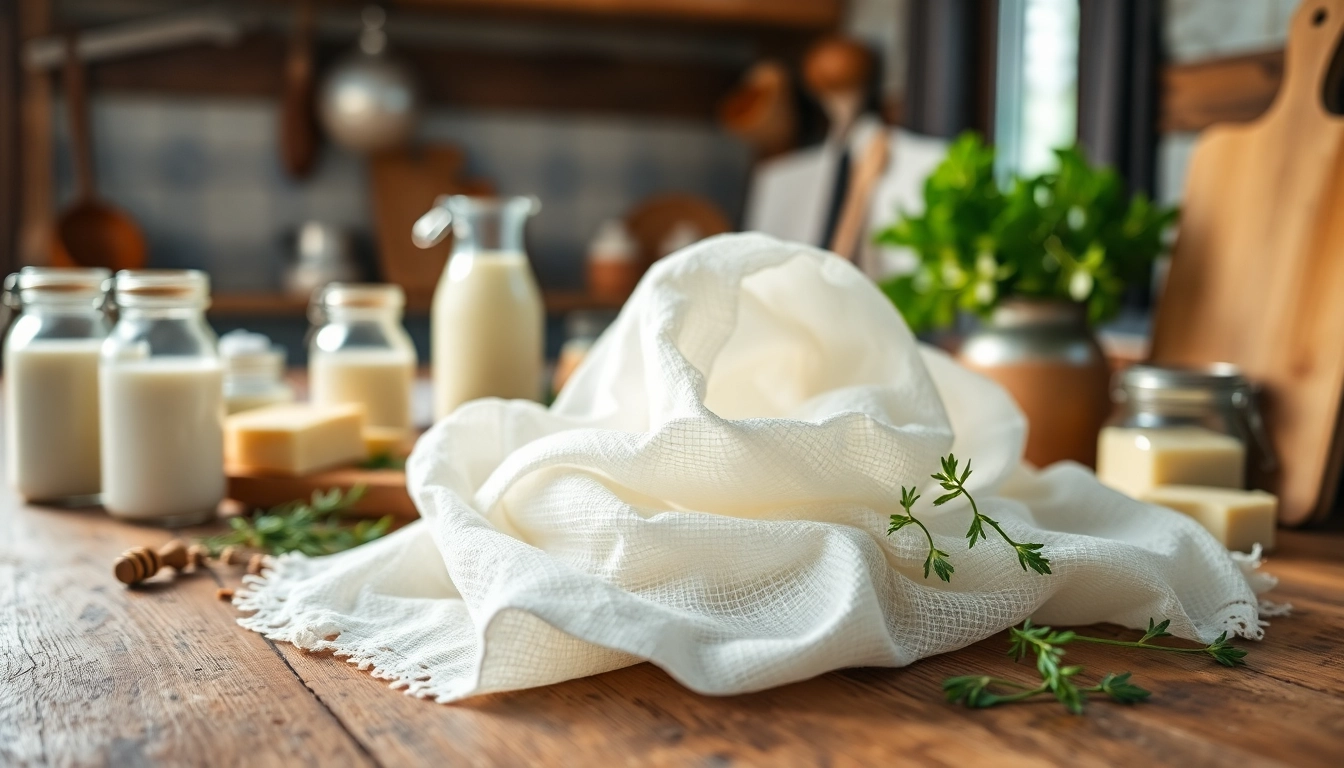 Kaasdoek op een houten aanrecht met verse zuivel ingrediënten, ideaal voor koken.