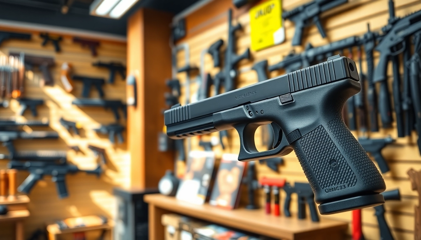 Showcasing the glock 43x mos slide in a vibrant gun shop environment with accessories.