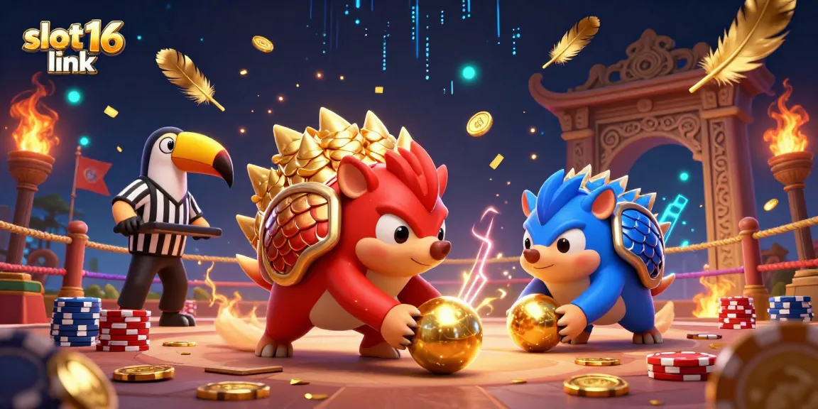 Engage with the slot16 link as rival pangolins battle with golden balls amidst poker chips in a vibrant casino scene.