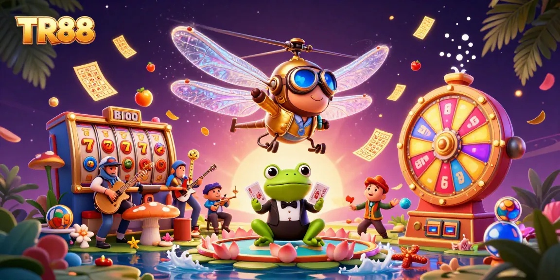 Engage with TR88 in this vibrant casino scene featuring a dragonfly pilot and lively characters.