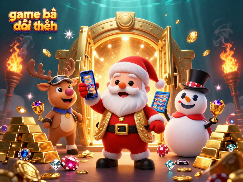 Engage in the game bài đổi thưởng with lively 3D cartoon characters celebrating jackpots and treasures.