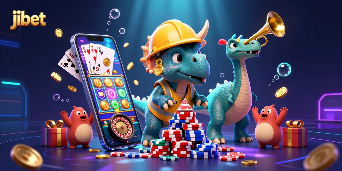 Experience jibet's exhilarating casino atmosphere with a triceratops building a poker chip pyramid while celebrating!