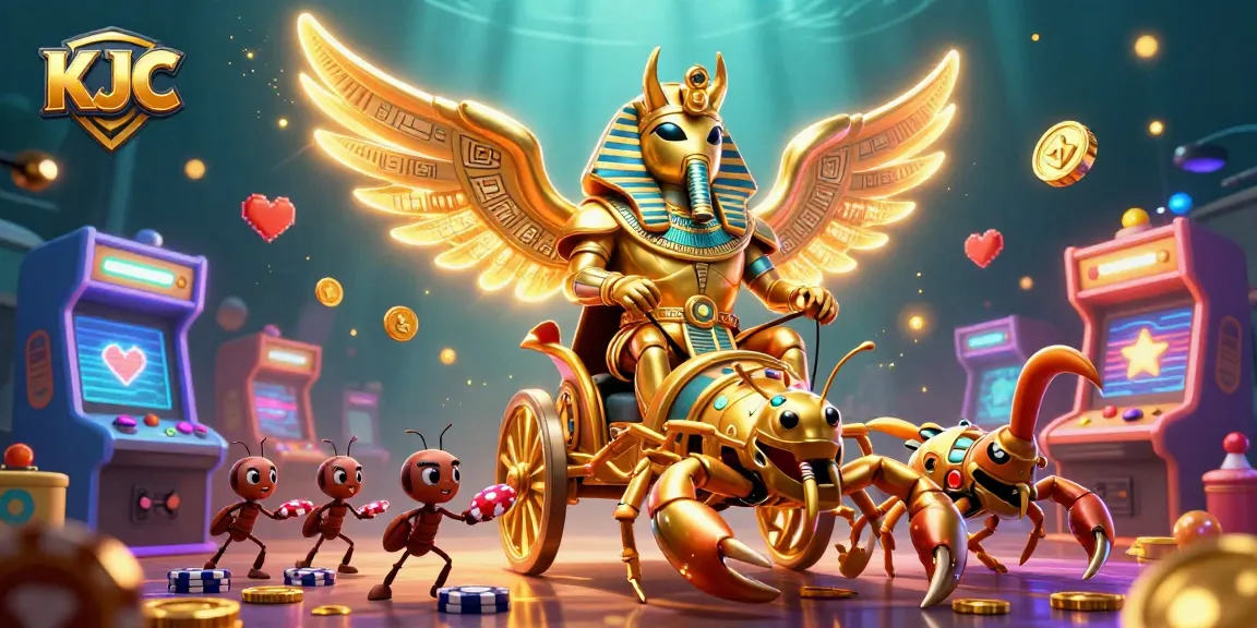 KJC platform showcases advanced gaming with a golden beetle chariot scene amidst colorful arcade elements.