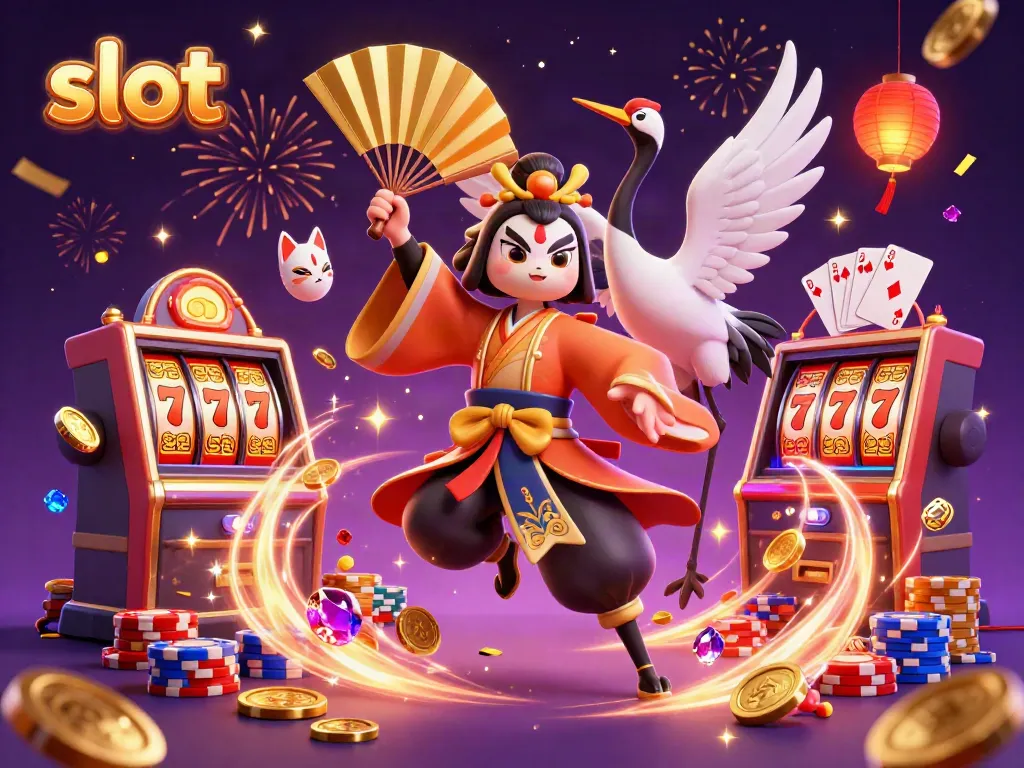 Menggandakan slot di kasino, dengan karakter kabuki dan elemen permainan untuk merayakan kemenangan.