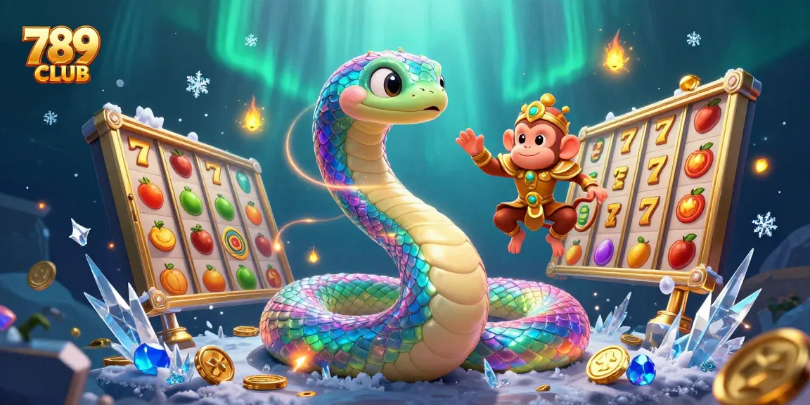Experience thrilling games at 789CLUB with a vibrant illustration of slot machines and magical elements.