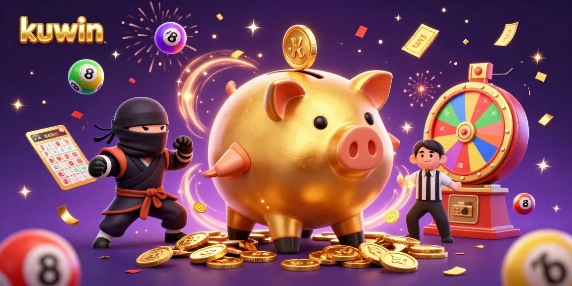 Kuwin's dynamic gambling scene showcases a golden piggy bank sumo wrestler among vibrant lottery elements and confetti.