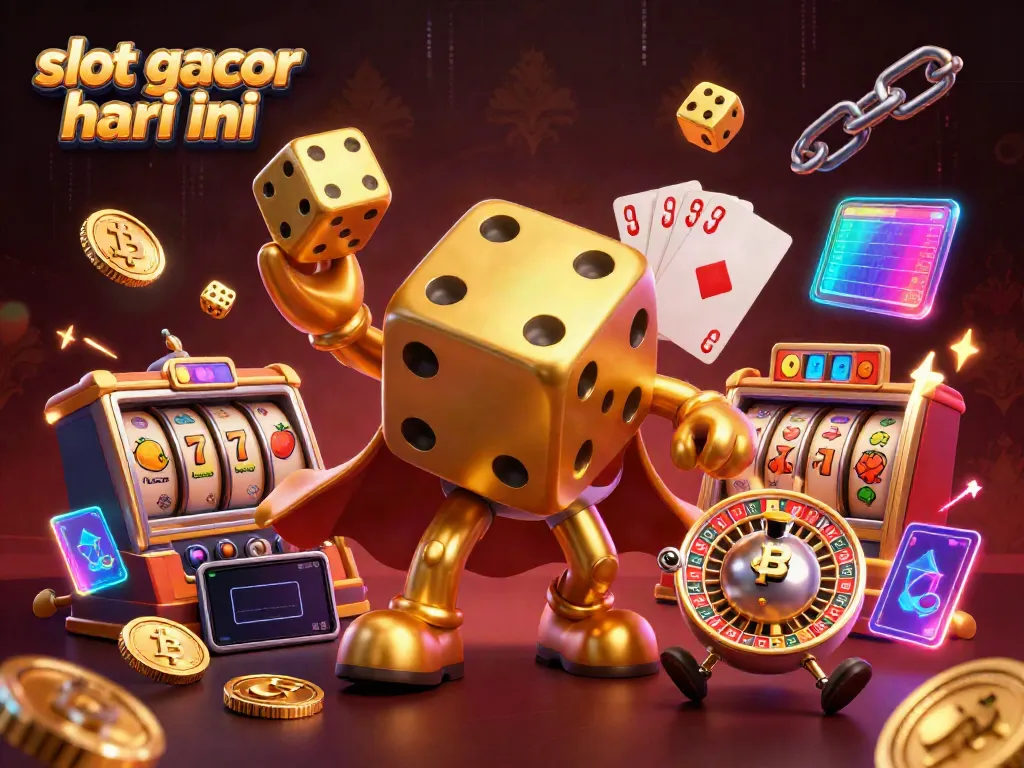 Visualisasi slot gacor hari ini dengan karakter dadu emas dan elemen kasino.