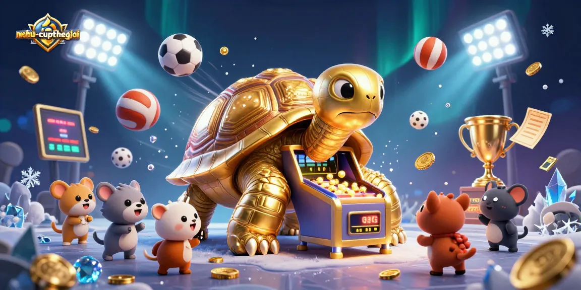 Nohu-cupthegioi showcases a colossal tortoise pinball machine scene filled with dynamic sports elements and cheerful animals.