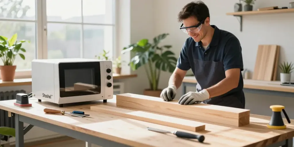 SHASHEL® technician using microwave technology for chemical-free wood treatment.