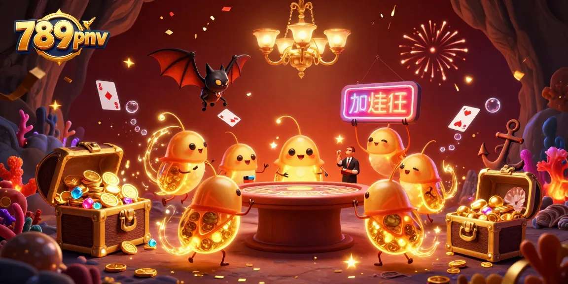 Engage in the vibrant 789pnv casino experience illuminated by glowworms and a bat dealer amidst treasure.