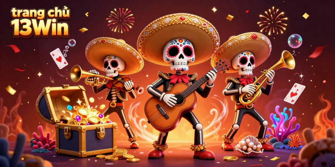 Experience the vibrant scene of trang chủ 13Win with a Day of the Dead mariachi band amidst casino-themed treasures.