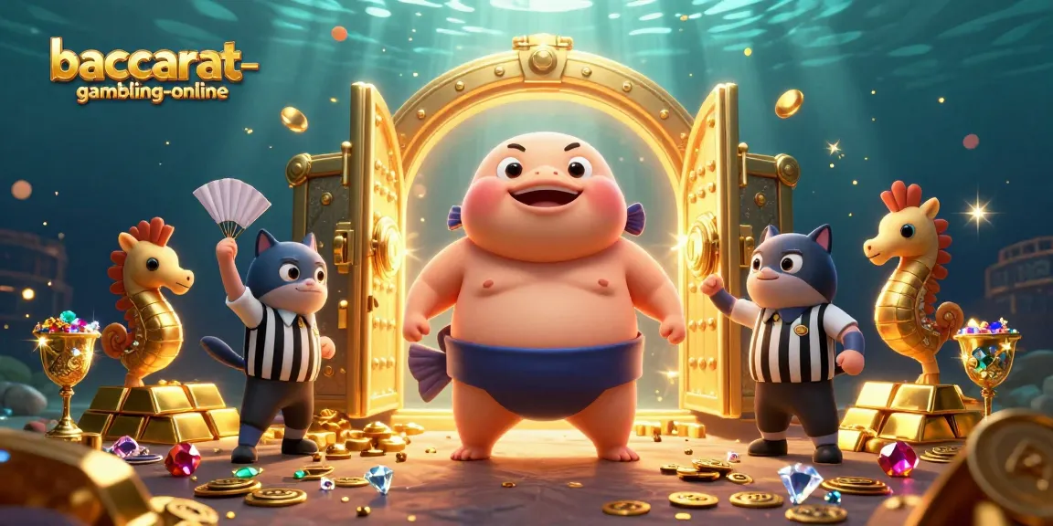 Baccarat-gambling-online features a lively underwater casino scene with a fugu and catfish overseeing vibrant gaming action.