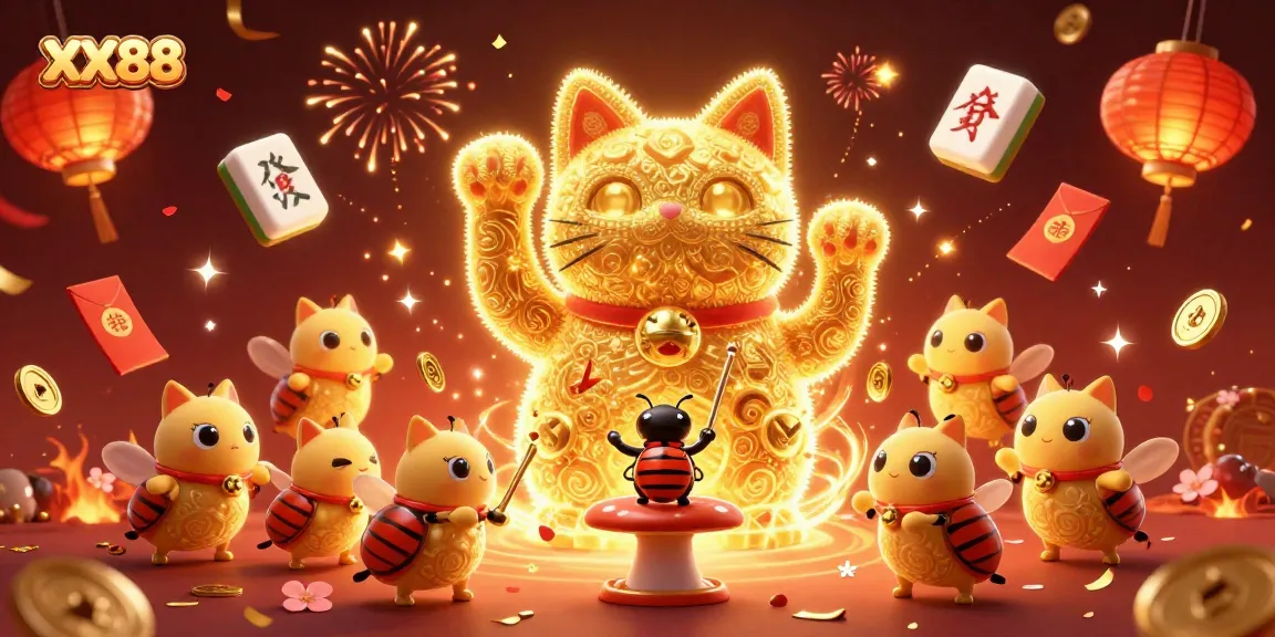 Experience the thrill of winning at XX88 with a vibrant illustrated scene of a giant lucky cat amidst casino symbols.