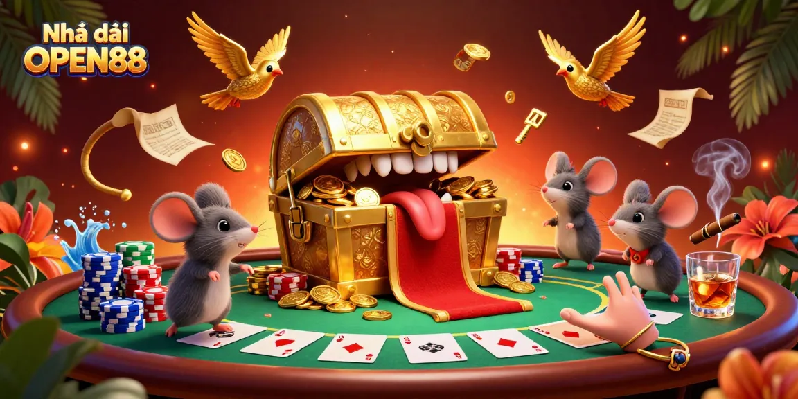 Engage with winning strategies at Nhà cái OPEN88, featuring an adventurous treasure chest and poker elements.