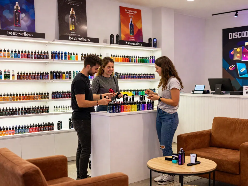 Shop for vape juice online featuring a welcoming vape shop with staff assisting customers and vibrant product displays.