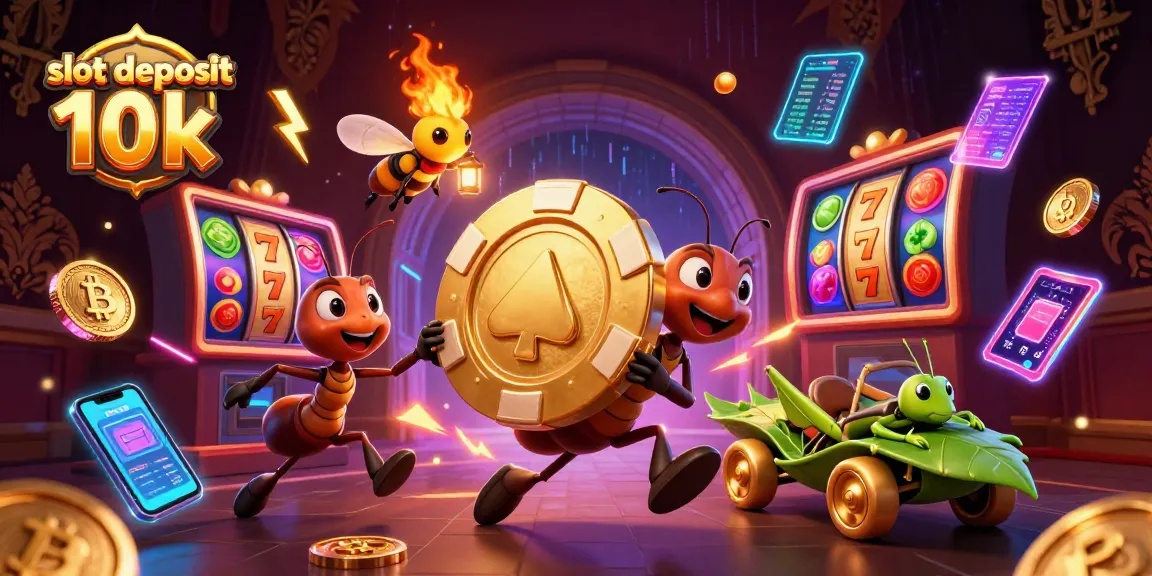 Engage in thrilling slot deposit 10k games with a vibrant heist scene featuring ants, fireflies, and crypto coins.