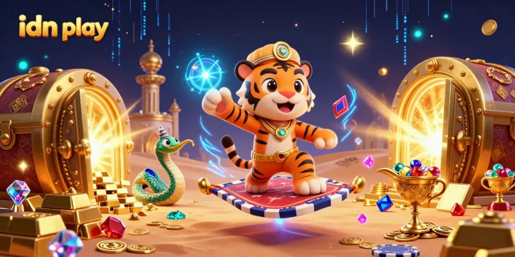 Engage in idn play with a vibrant, ultra-detailed fantasy scene featuring a tiger sultan, treasures, and magical elements.