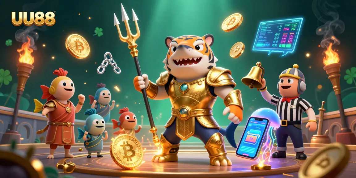 Play at UU88 with a fierce tiger shark in armor, amidst underwater casino excitement.