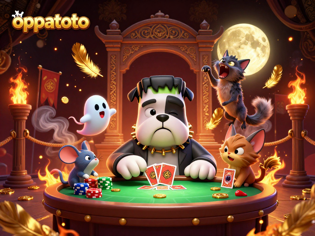 oppatoto card dealer scene with a Frankenstein bulldog and ghost mouse, showcasing dynamic casino action.