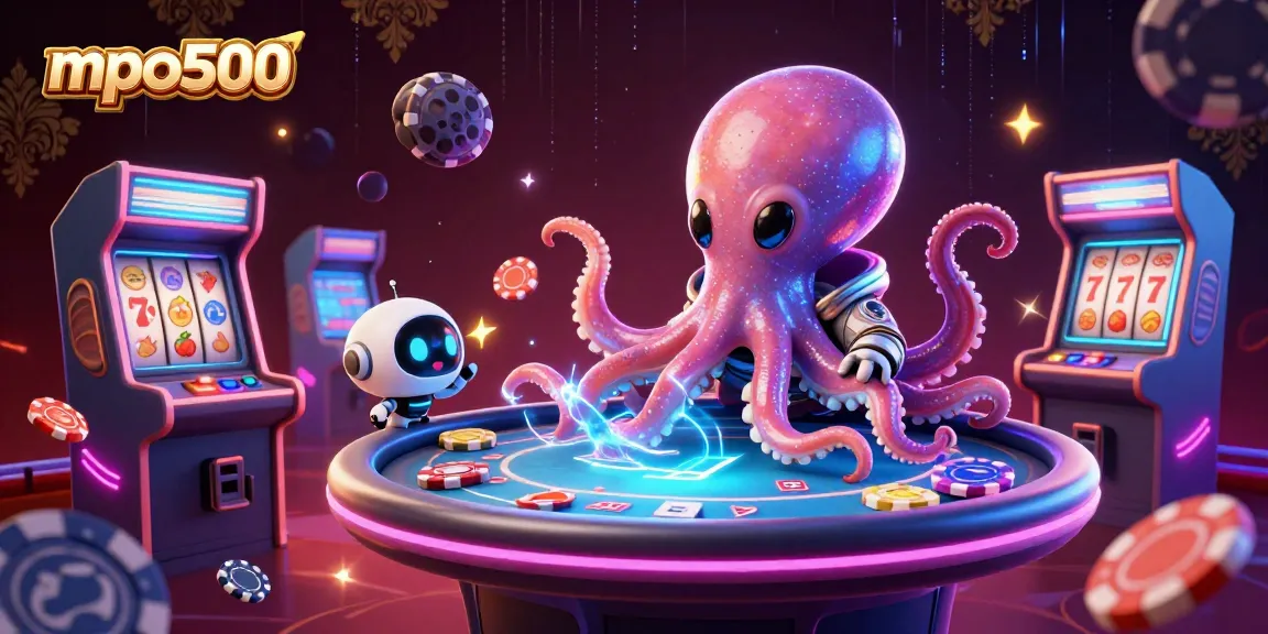 Experience engaging MPO500 slot gameplay with a vibrant alien octopus at a holographic table.