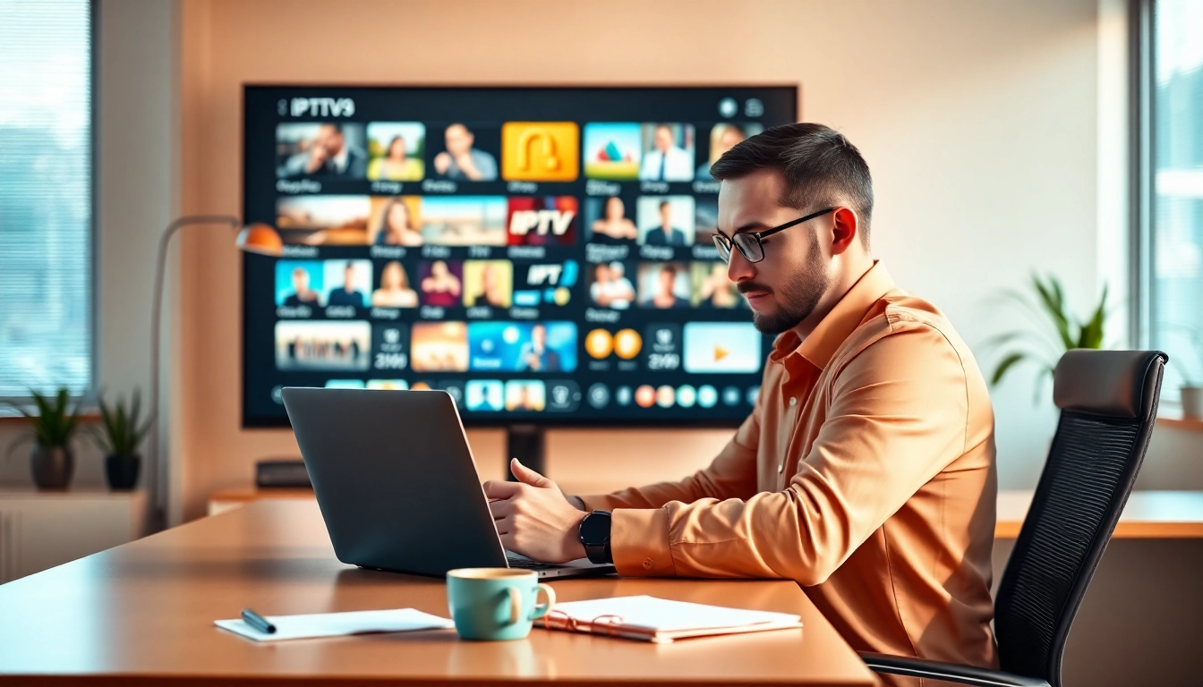 Engaged marketer reviewing IPTV options during a free iptv trial in a bright office.