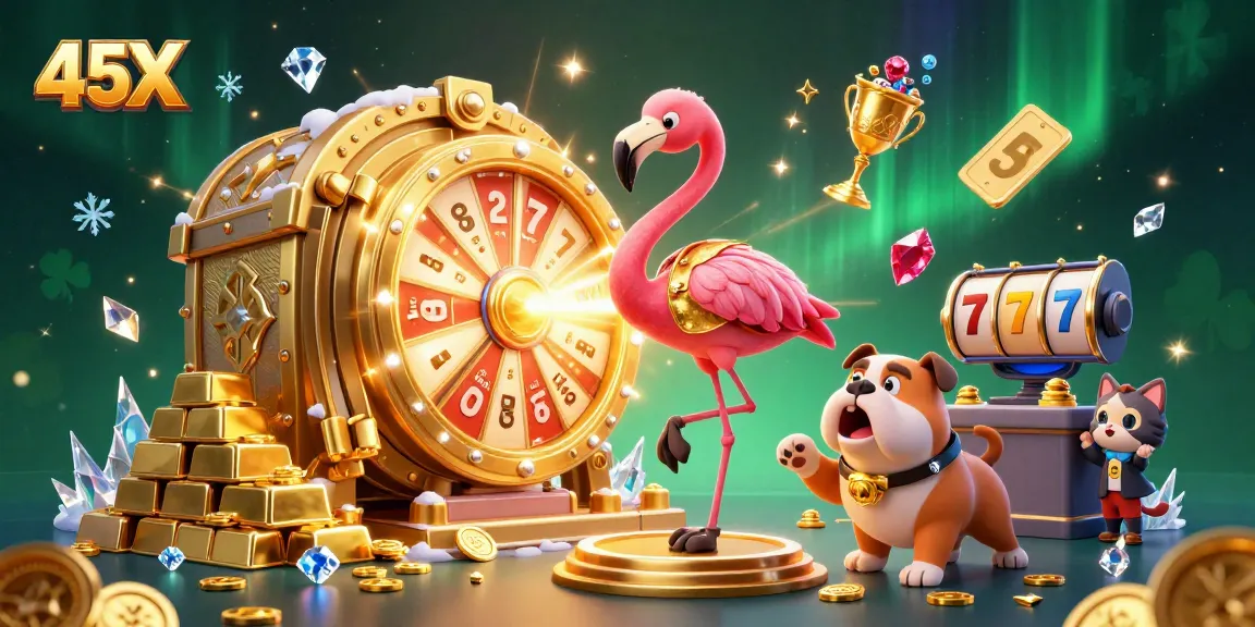 Engage with 45X gaming as a flamingo host spins a prize wheel amidst vibrant casino treasures.