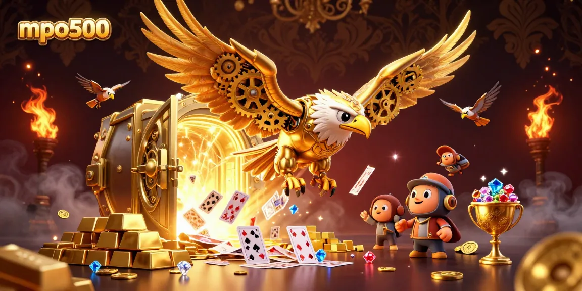 Engage with mpo500's thrilling 3D illustration of a cybernetic eagle soaring through a world of virtual treasures, appealing to casino enthusiasts.