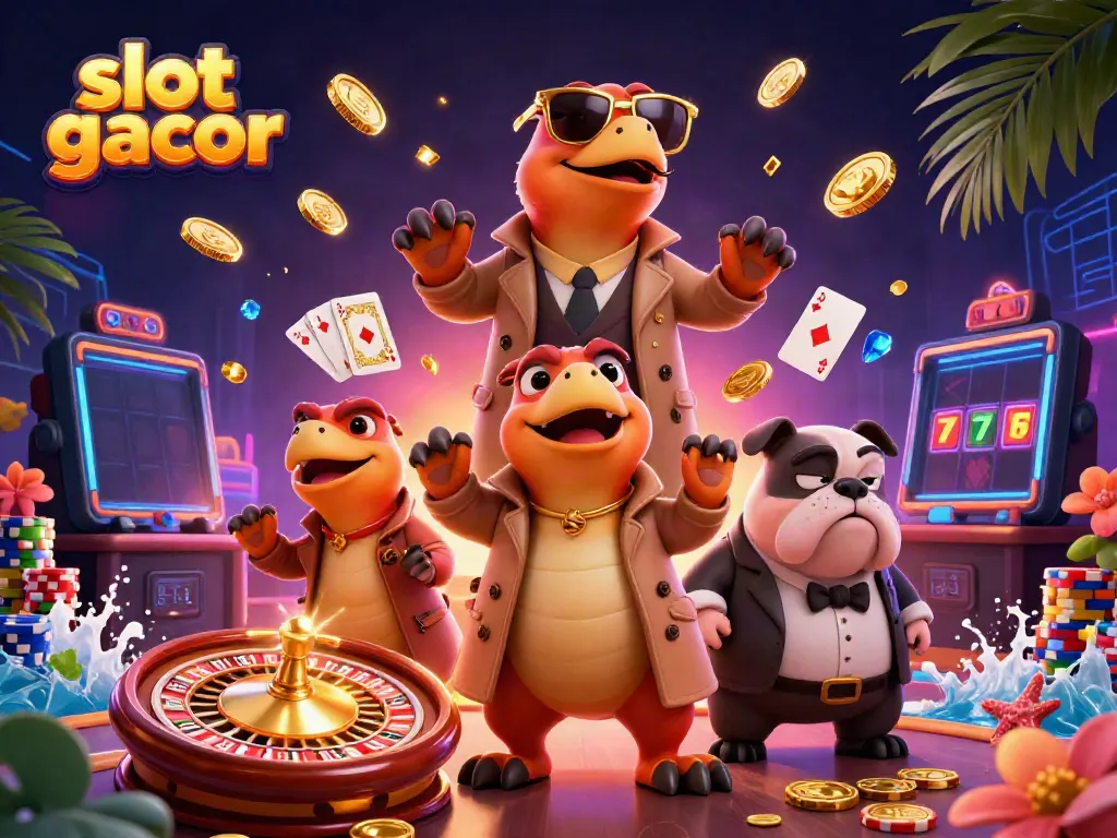 Engage with slot gacor excitement, raptors in disguise attempt VIP casino entry amidst gold coins and vibrant gaming elements.