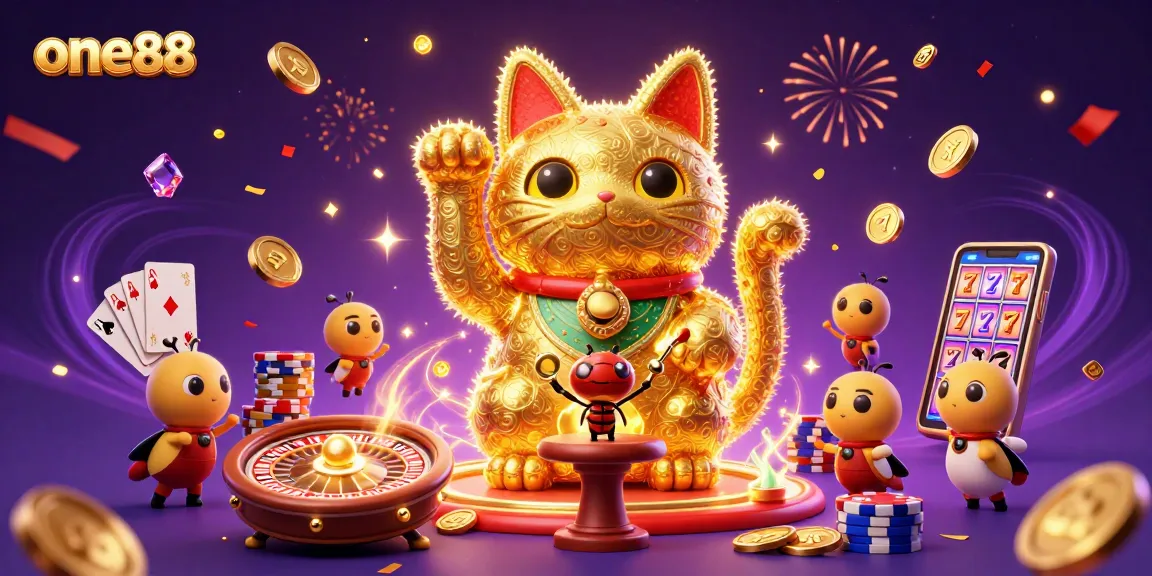 Engage with the exciting atmosphere of one88 featuring a vibrant lucky cat and casino symbols.