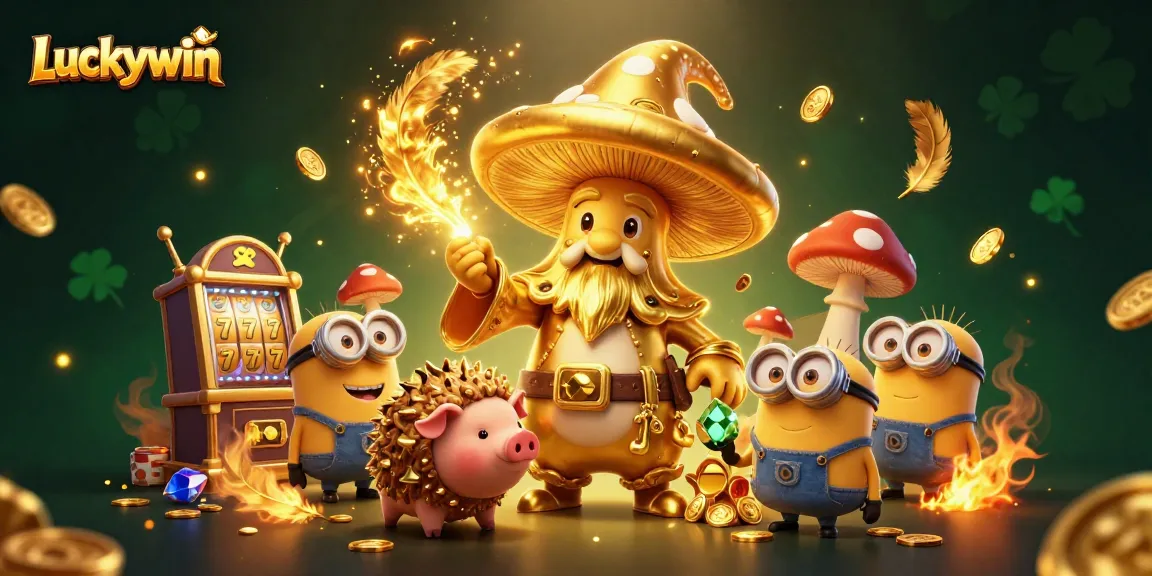 Unlock treasures at Luckywin with a magical golden mushroom wizard and slot machines.
