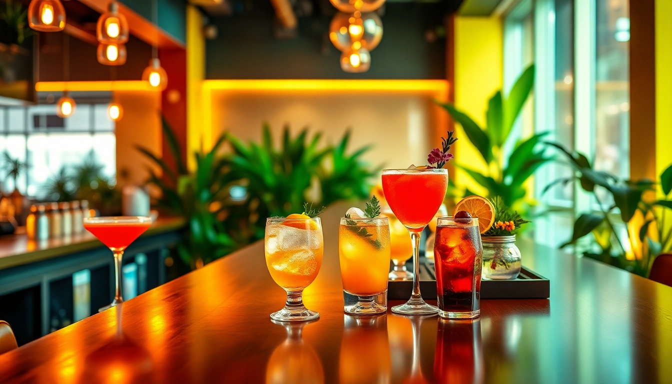 Inviting bar setup featuring colorful cocktails and a modern lounge atmosphere
