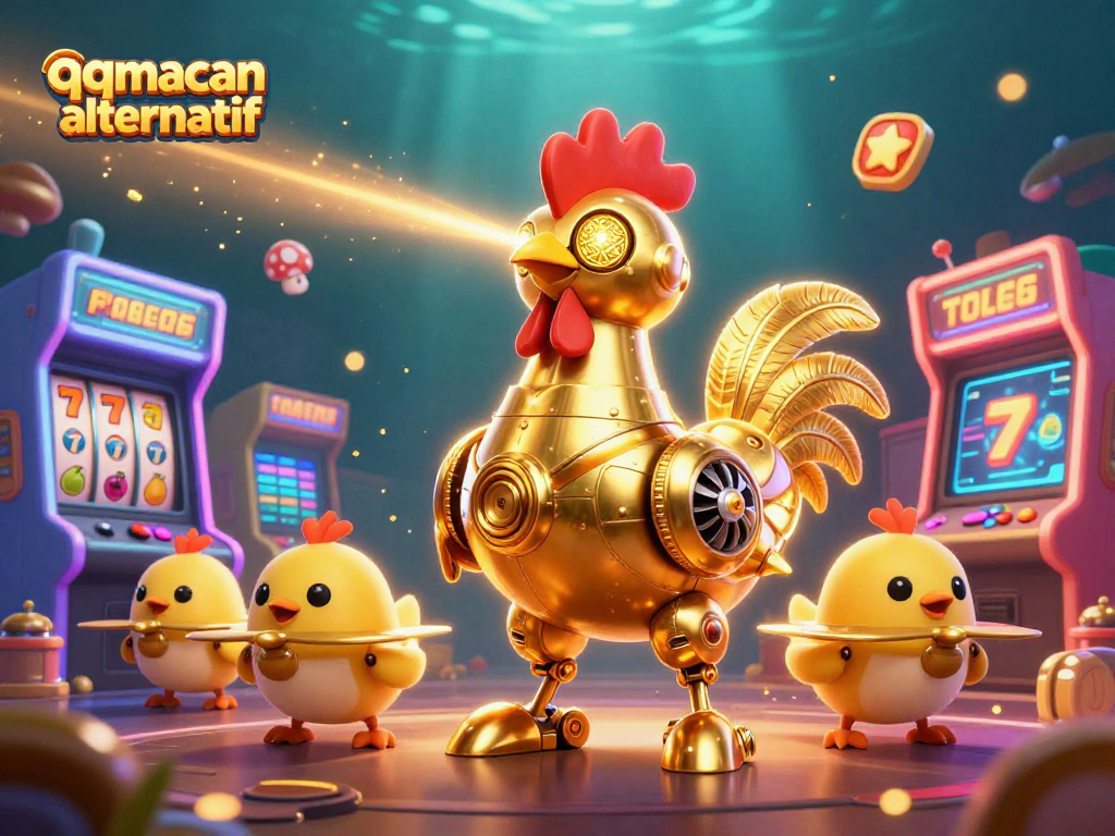 Engage with the thrilling world of qqmacan alternatif as the golden rooster robot and its chick drones animate a vibrant gaming scene.