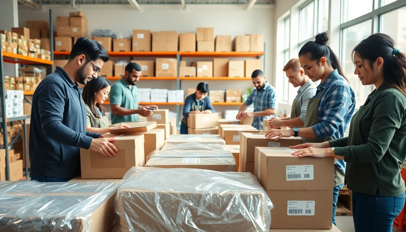 Efficient team providing Professional Packing Services with organized packing in a bright studio.