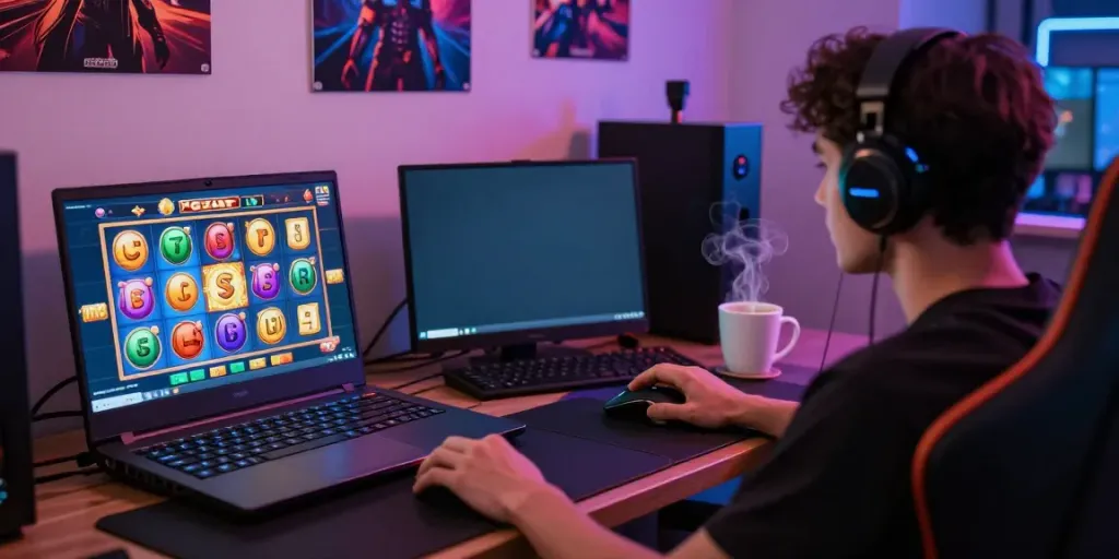 Player enjoying PG SLOT gaming on a high-tech laptop in a vibrant room.