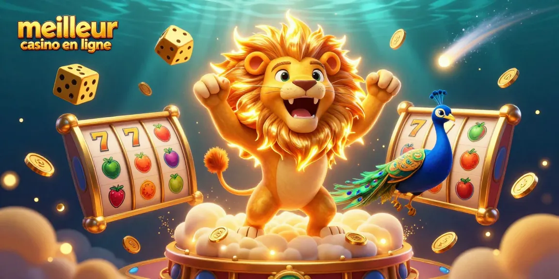 Découvrez le meilleur casino en ligne avec un lion triomphant entouré de dés et de symboles d'argent.