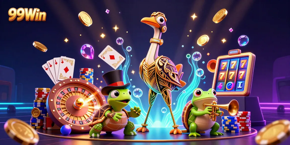 Experience thrilling play with 99Win at this vibrant casino scene filled with coins, cards, and fun!