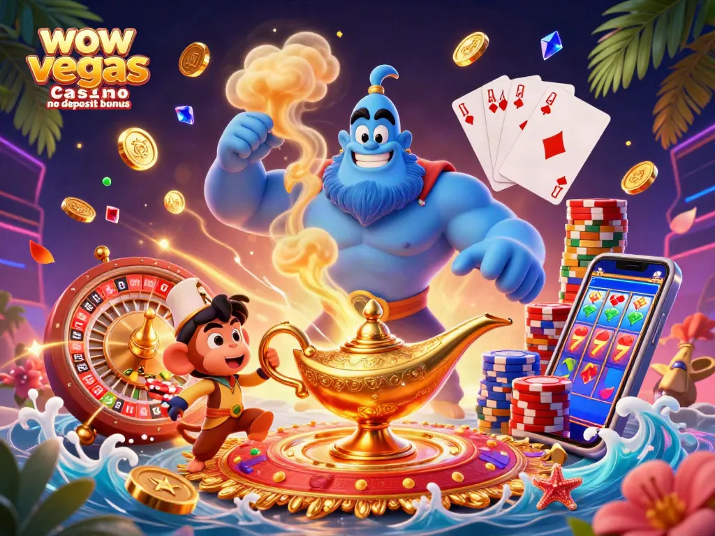 Experience the excitement of wow vegas casino no deposit bonus with a vibrant 3D casino scene featuring a genie, monkey, and poker elements.