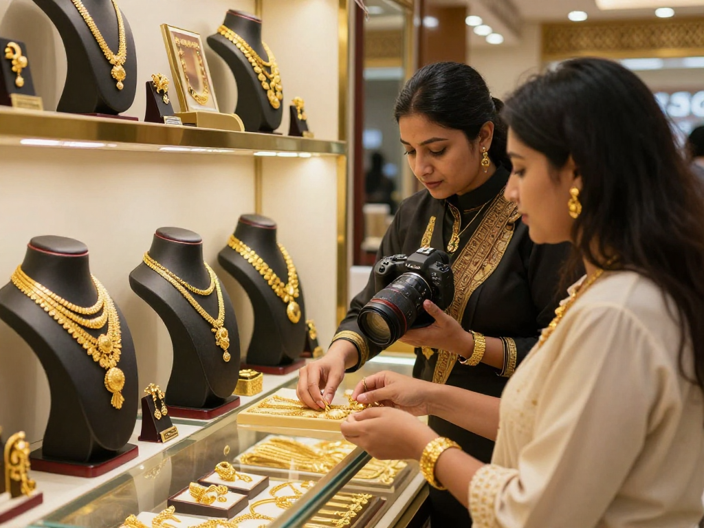 mantra88 gold jewelry display with customer service in an elegant shop