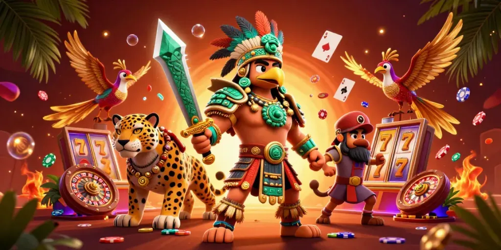 Engage with Nhà cái uy tín in a vibrant 3D casino scene featuring warriors and dynamic gaming elements.