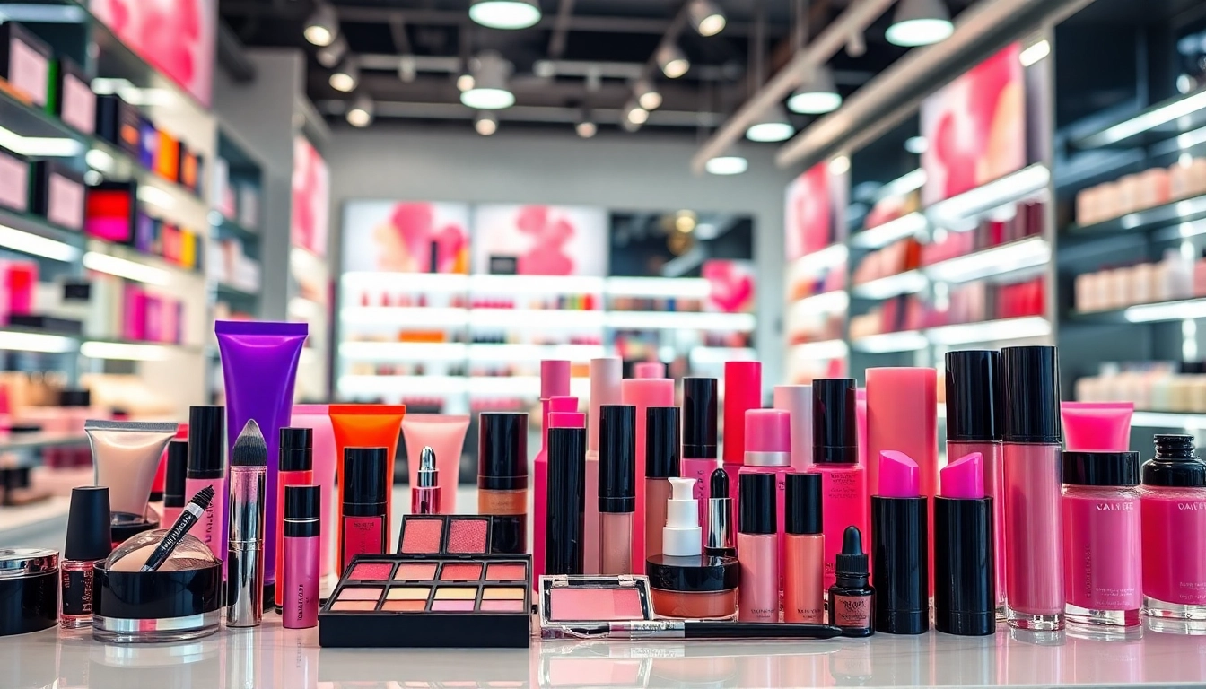 Showcase of wholesale make up products arranged beautifully on a retail counter.